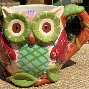 Pier One Imports Olli the Owl Bright Coffee Mug Hand Painted Dolomite Oversized